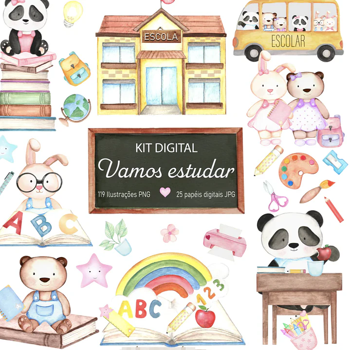 Kit Digital Vamos Estudar Aquarelado em Png  1