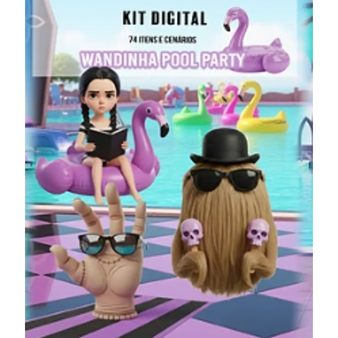 Kit Digital Wandinha Pool Party 3d em Png 1