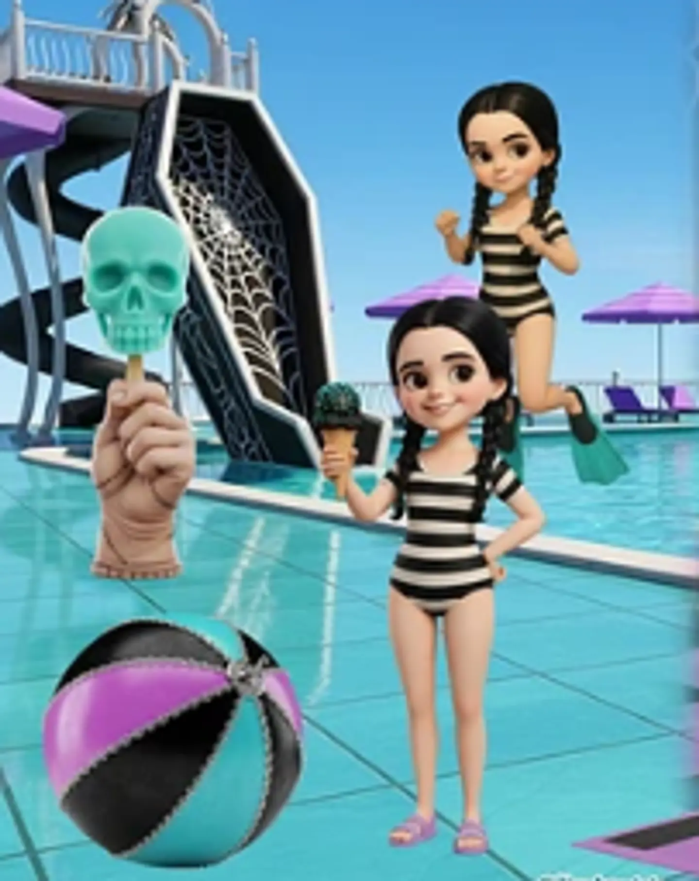 Kit Digital Wandinha Pool Party 3d em Png 2