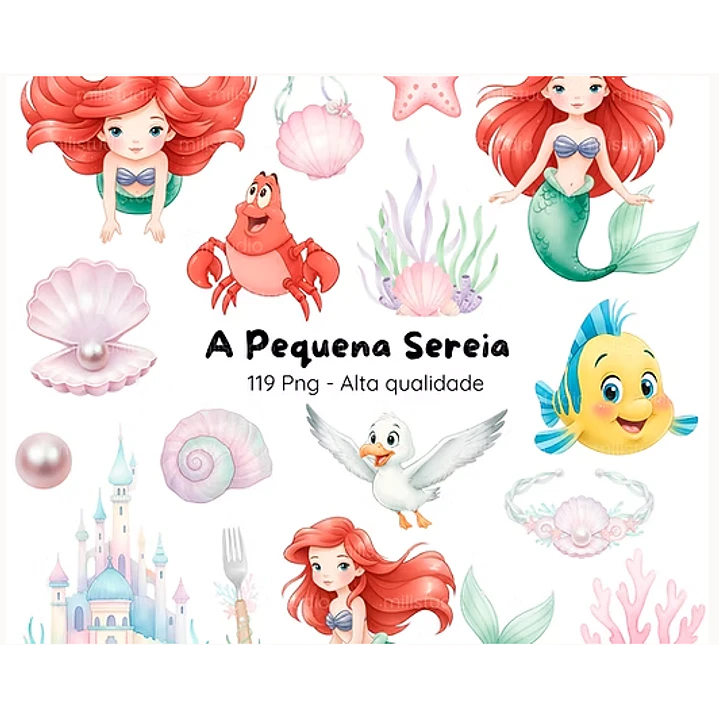 Kit Digital A Pequena Sereia Aquarelado em Png 1