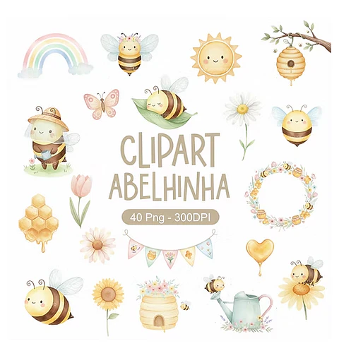 Kit Digital Abelinha Aquarelado em Png