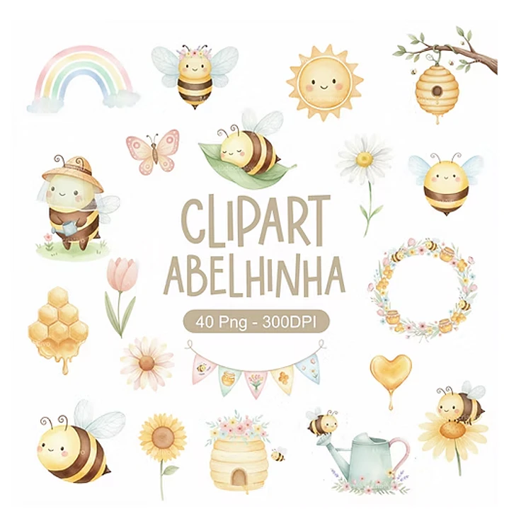 Kit Digital Abelinha Aquarelado em Png 1