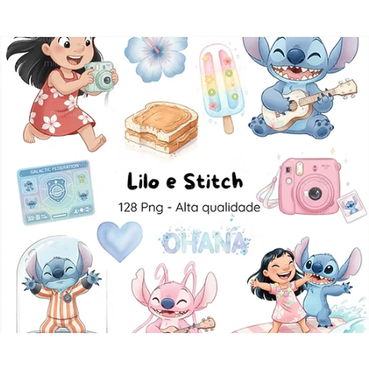 Kit Digital Lilo & Stitch Aquarela em Png 1