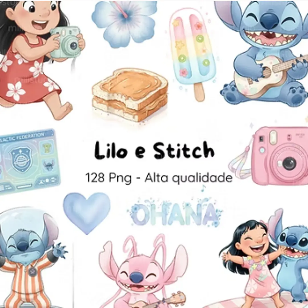 Kit Digital Lilo & Stitch Aquarela em Png 1