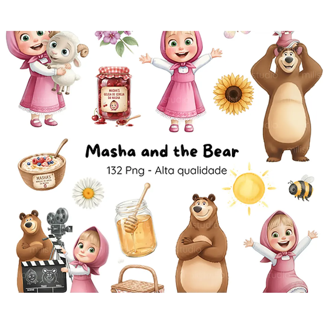 Kit Digital Masha e o Urso Aquarela em Png 1