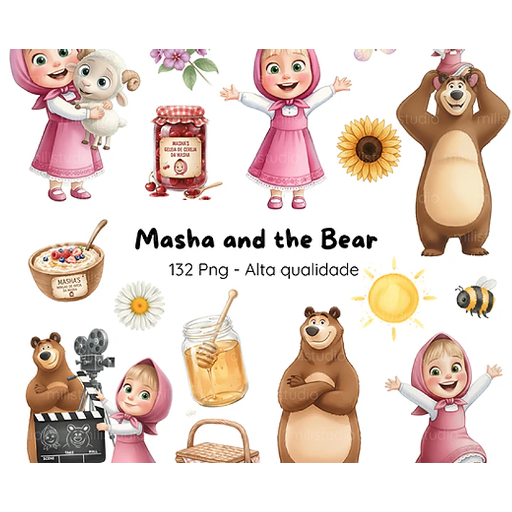 Kit Digital Masha e o Urso Aquarela em Png 1