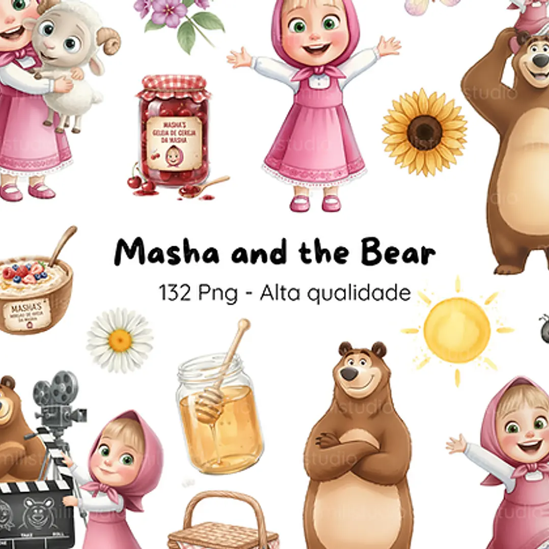 Kit Digital Masha e o Urso Aquarela em Png 1