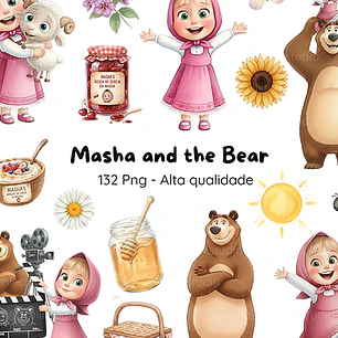 Kit Digital Masha e o Urso Aquarela em Png