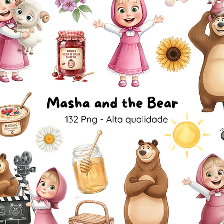 Kit Digital Masha e o Urso Aquarela em Png 1