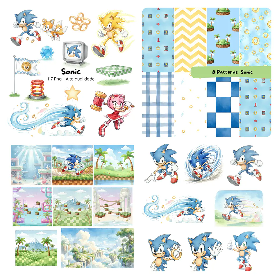 Kit Digital Sonic Aquarela em Png 3