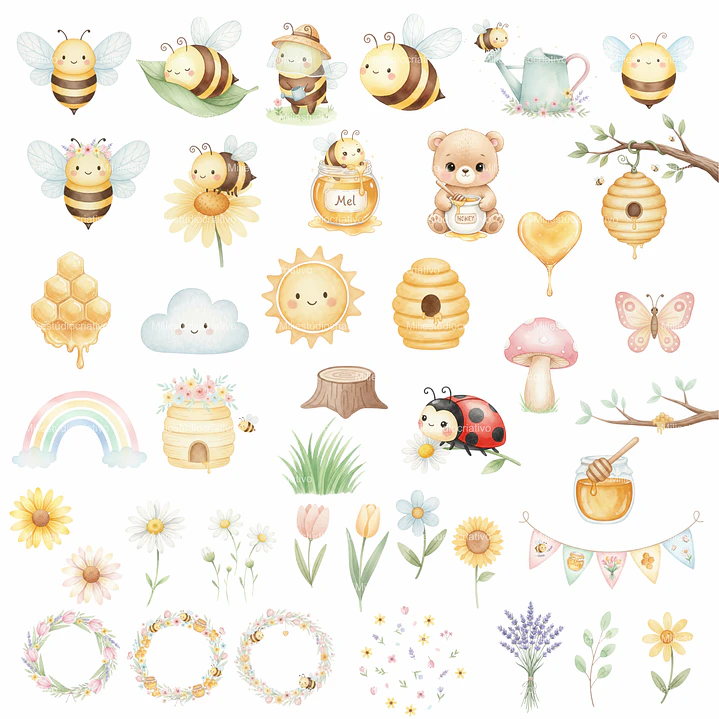 Kit Digital Abelinha Aquarelado em Png 2