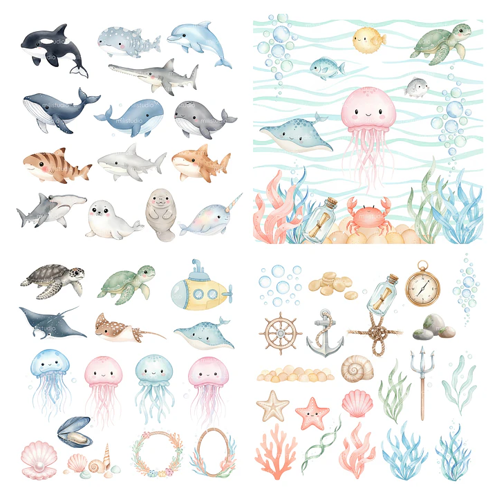 Kit Digital Fundo do Mar Aquarela em Png  2