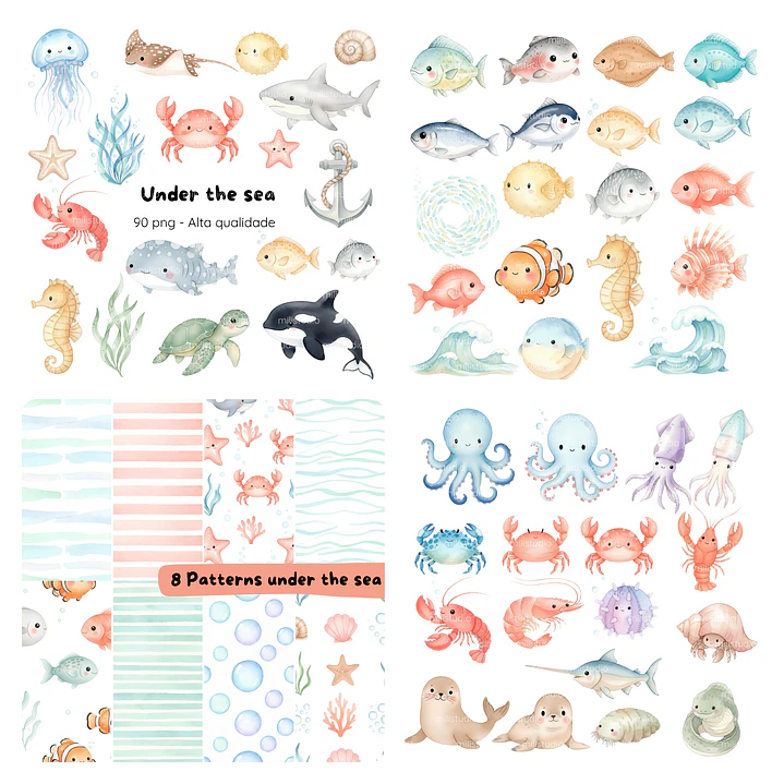 Kit Digital Fundo do Mar Aquarela em Png  3