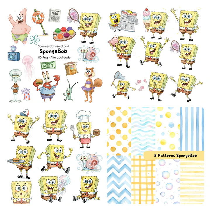 Kit Digital Bob Esponja Aquarela em Png 3