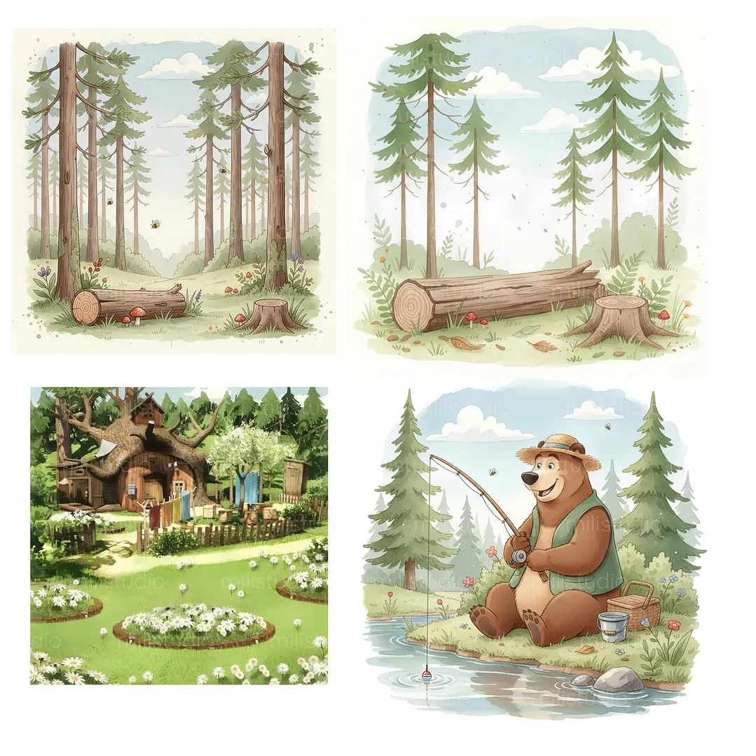 Kit Digital Masha e o Urso Aquarela em Png 3