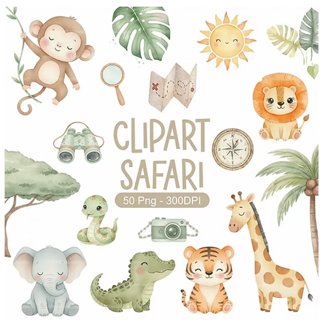 Kit Digital Safari Aquarela em Png 1
