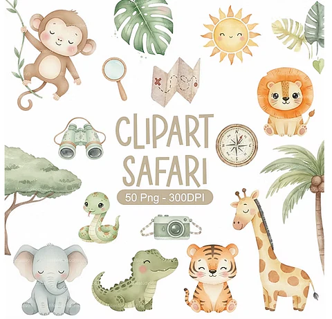 Kit Digital Safari Aquarela em Png