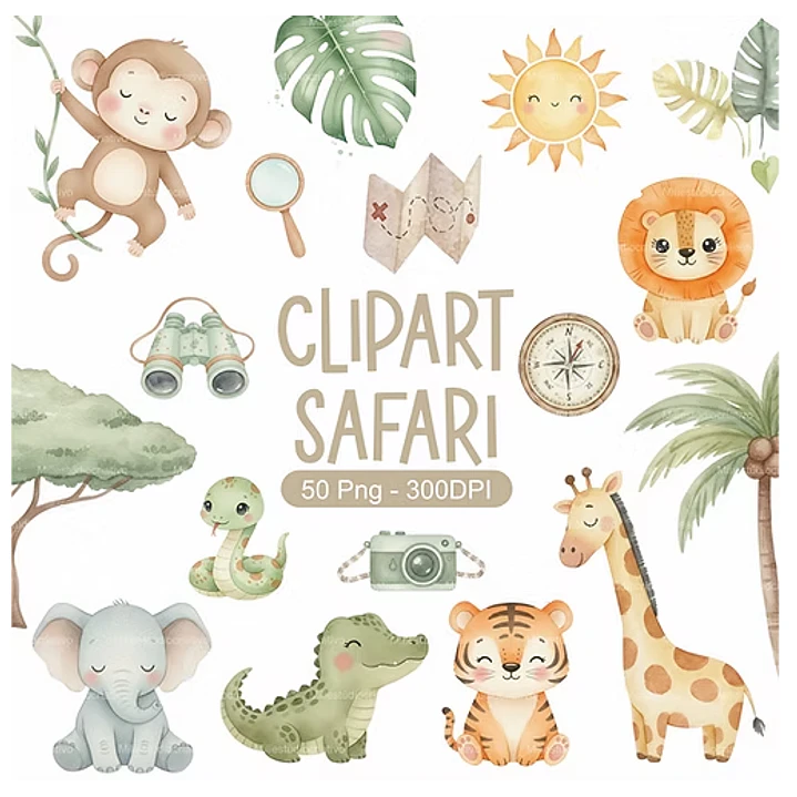 Kit Digital Safari Aquarela em Png 1