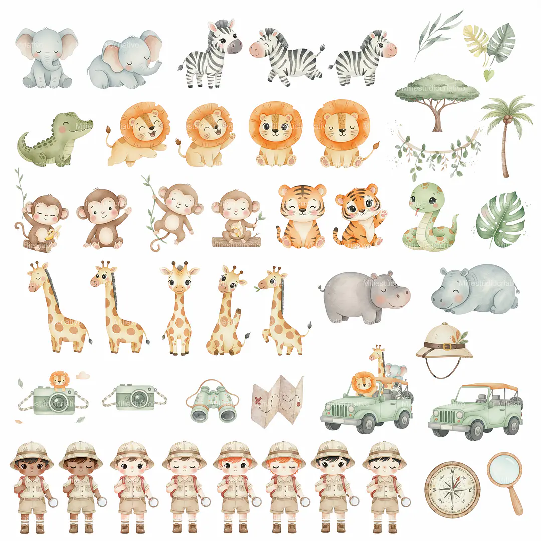 Kit Digital Safari Aquarela em Png 2