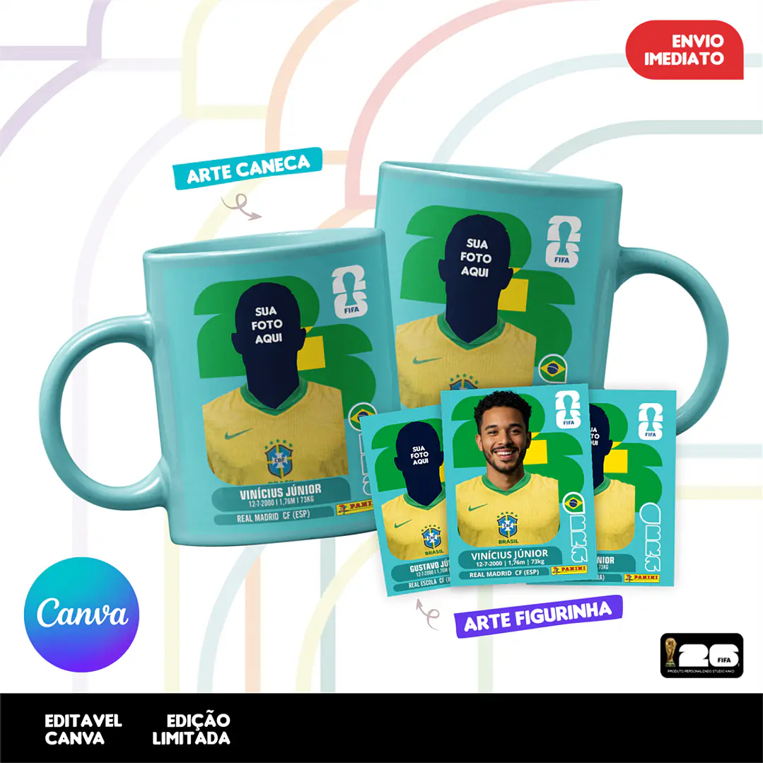 Arte Caneca + Figurinha Copa do Mundo 2026 Personalizada (Editável no Canva) – Kit Digital 1