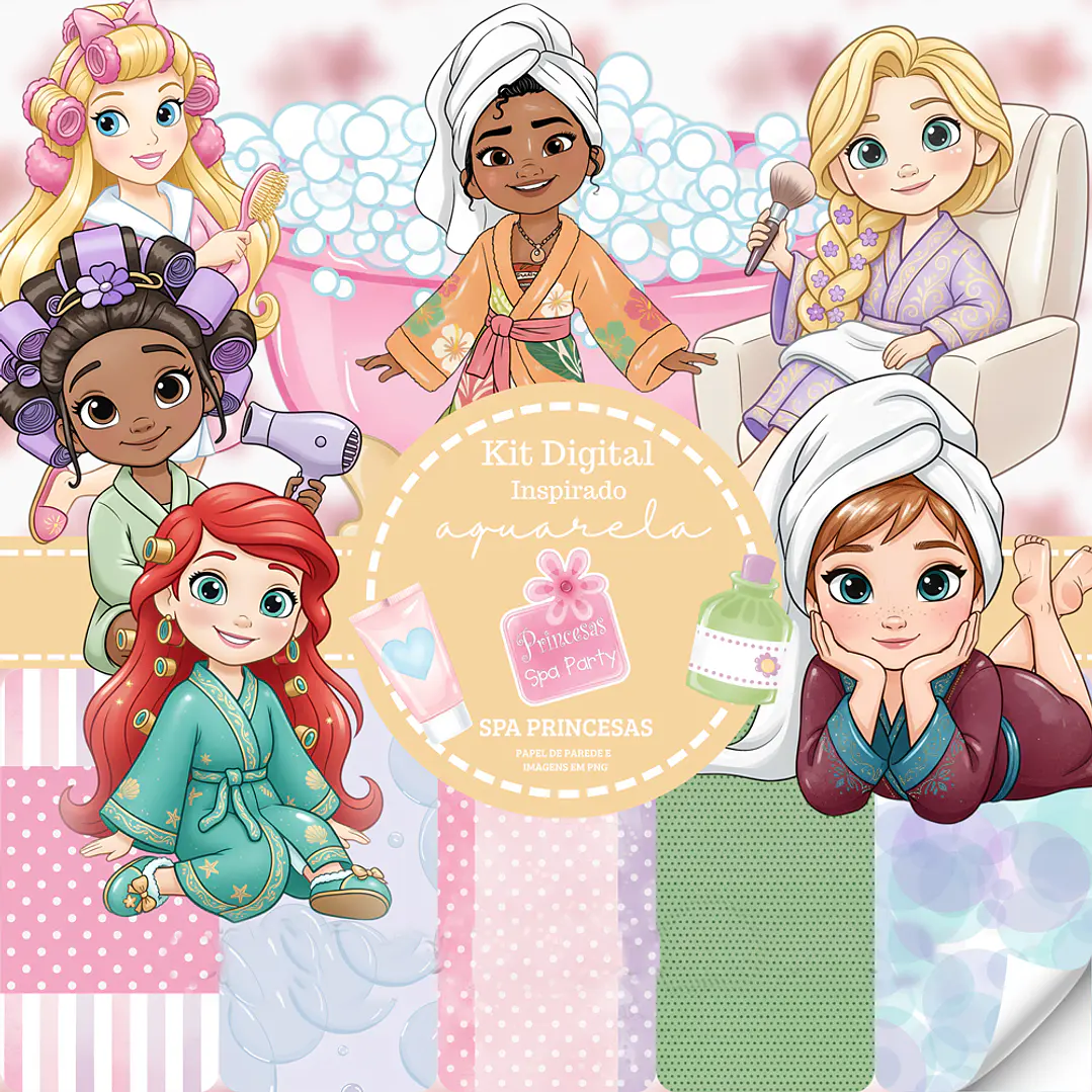 Kit Digital Spa Princesas Beleza Salão Aquarela em Png 1