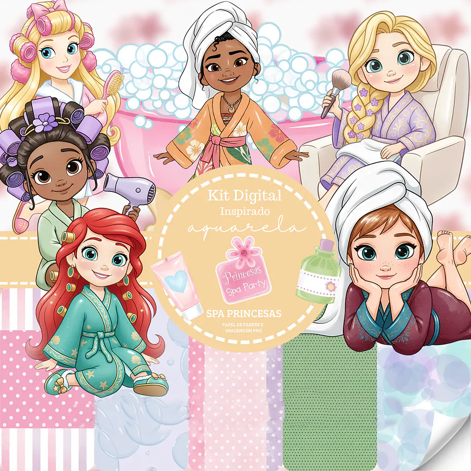 Kit Digital Spa Princesas Beleza Salão Aquarela em Png 1