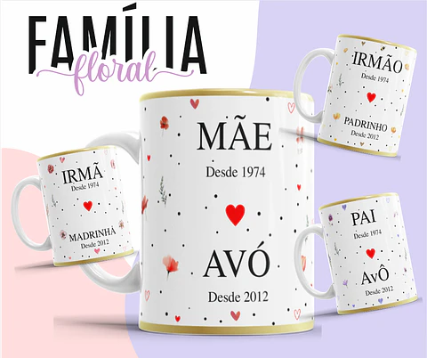 12 Artes para Caneca Floral Família Arquivo Editável 