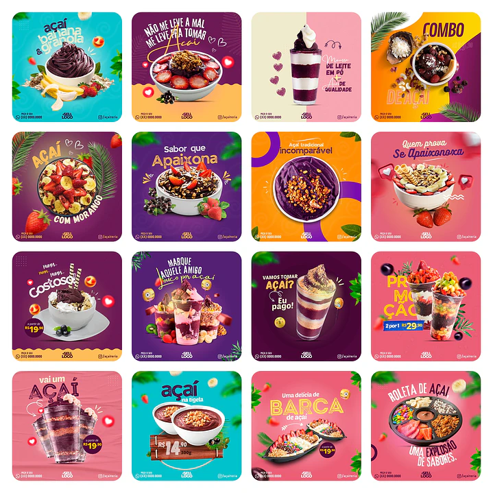 Pack Canva Açaí Templates Editáveis 65 Artes + Bônus 1