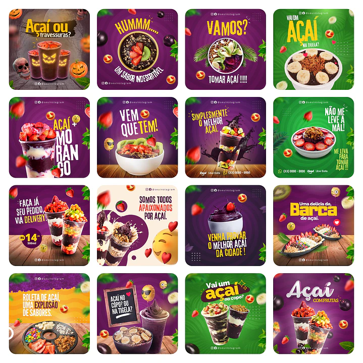Pack Canva Açaí Templates Editáveis 65 Artes + Bônus 2