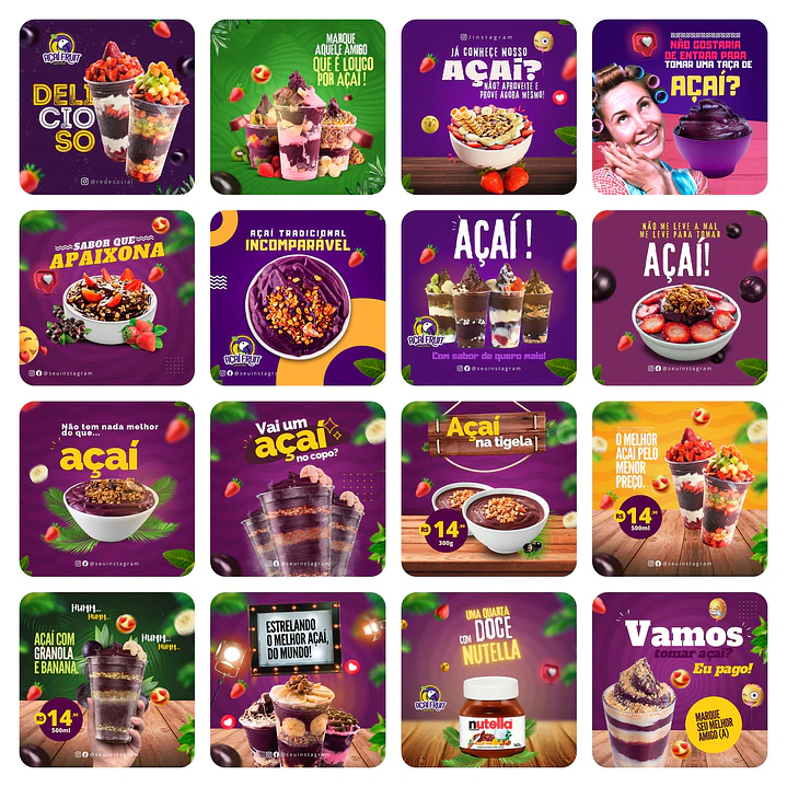 Pack Canva Açaí Templates Editáveis 65 Artes + Bônus 3