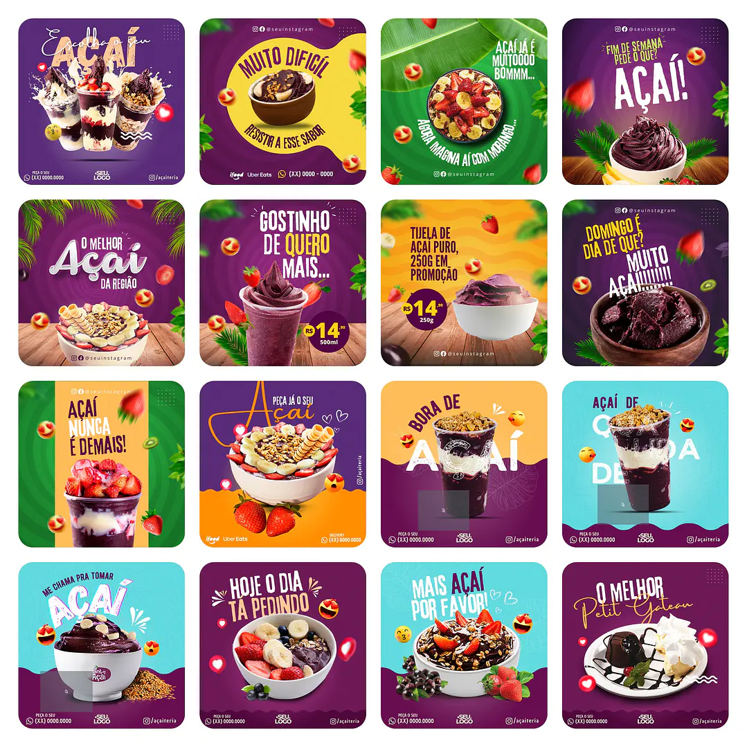 Pack Canva Açaí Templates Editáveis 65 Artes + Bônus 4