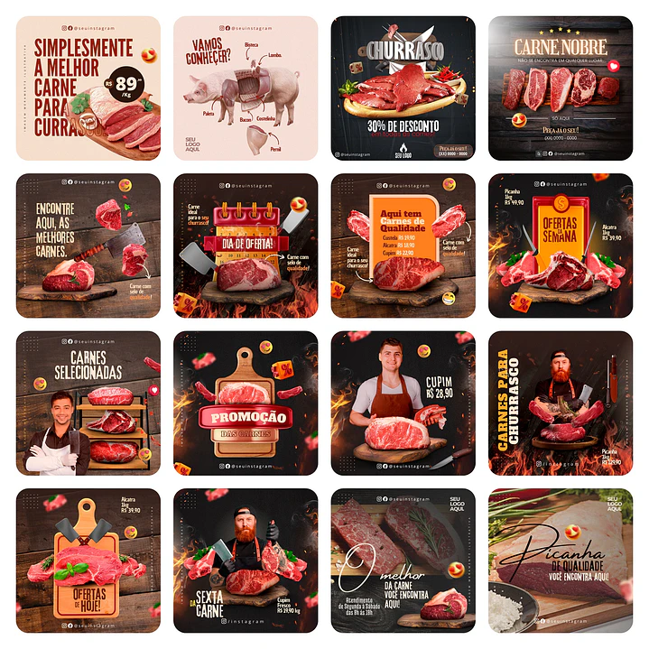 Pack Canva Açougue Templates Editáveis 40 Artes + Bônus 1