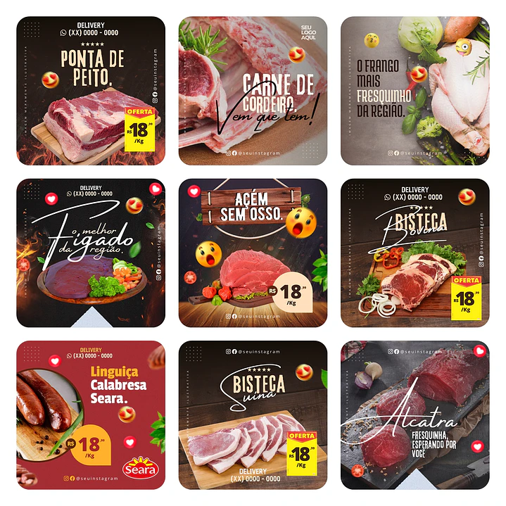 Pack Canva Açougue Templates Editáveis 40 Artes + Bônus 3