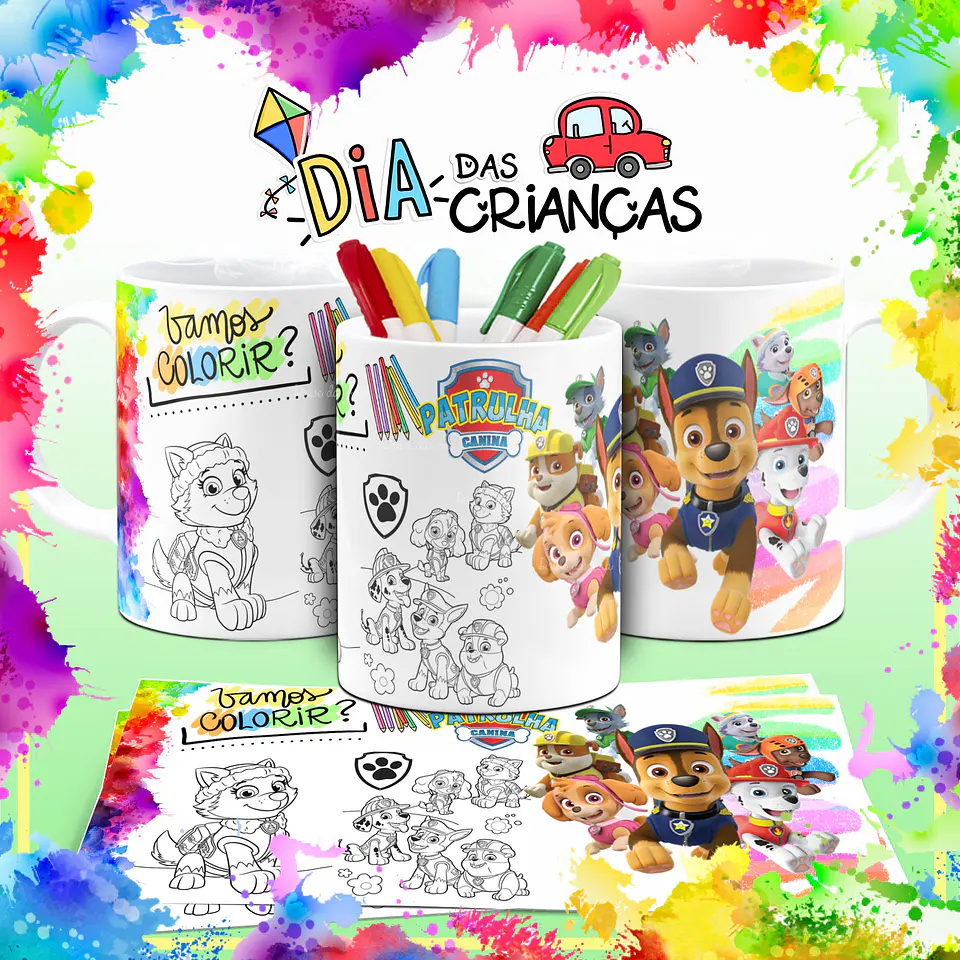 10  Artes Caneca Dia das Crianças Personagens para Colorir  Sublimação Arquivos em Corel Draw 4