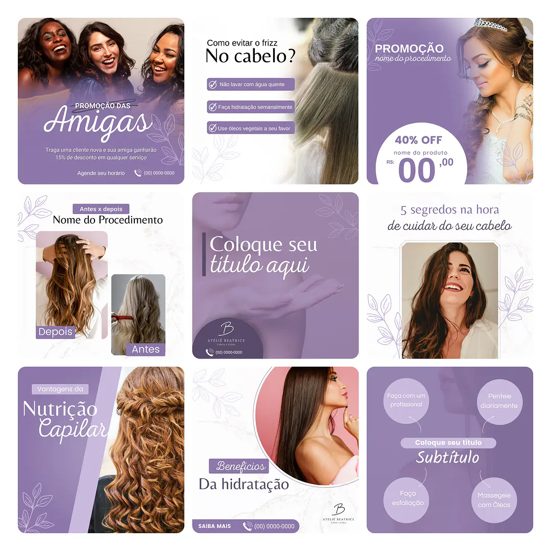 Pack Canva Salão de Beleza Template Editável 30 Artes + Bônus 2