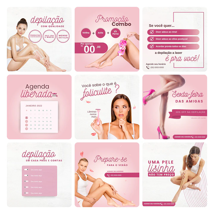 Pack Canva Depilação Epilação Template Editável 30 Artes + Bônus 2