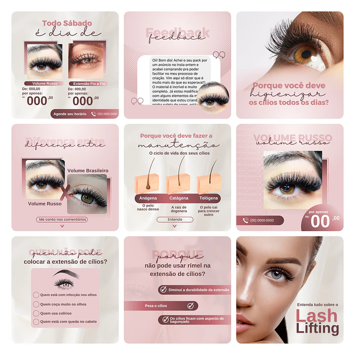 Pack Canva Extensão de Cílios Template Editável 30 Artes + Bônus 2