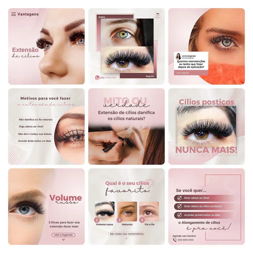 Pack Canva Extensão de Cílios Template Editável 30 Artes + Bônus 3