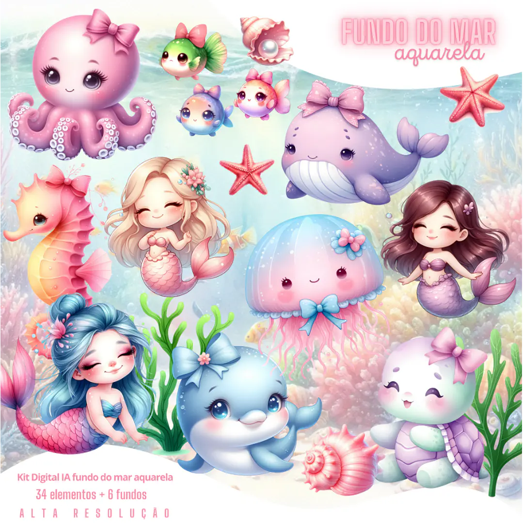 Kit Digital Fundo do Mar Meninas Aquarela em Png 1