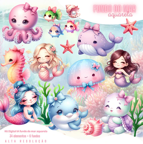 Kit Digital Fundo do Mar Meninas Aquarela em Png