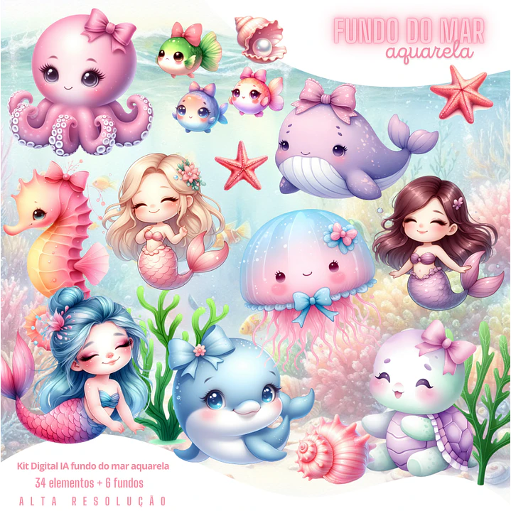 Kit Digital Fundo do Mar Meninas Aquarela em Png 1