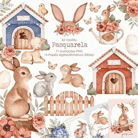 Kit Digital Pascoa com Amor Aquarela em Png