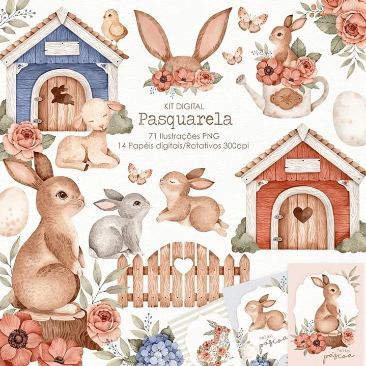 Kit Digital Pascoa com Amor Aquarela em Png 1