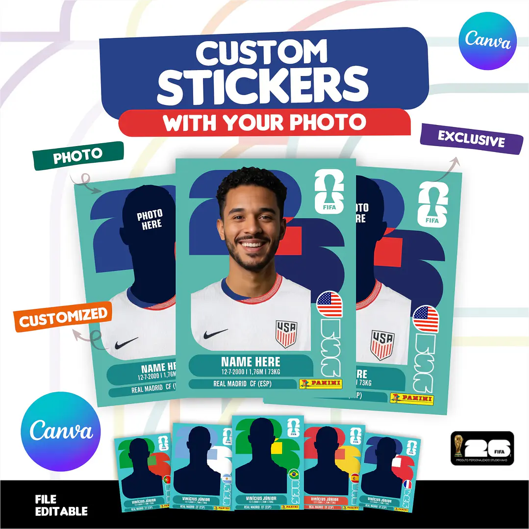 Figurinha da Copa do Mundo 2026 Estados Unidos Personalizada United States USA GOLD Crumple Stickers - Editável no Canva 2