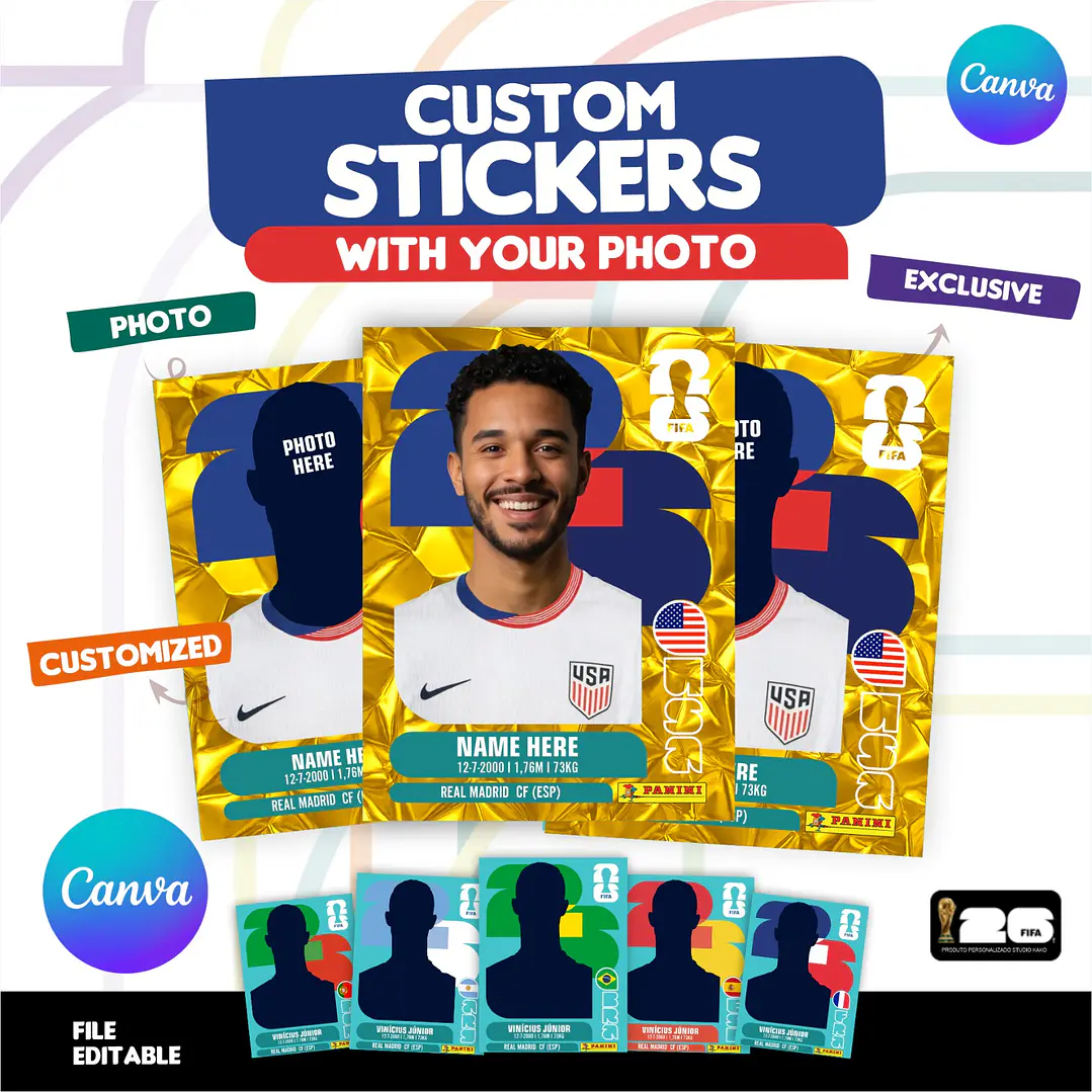 Figurinha da Copa do Mundo 2026 Estados Unidos Personalizada United States USA GOLD Crumple Stickers - Editável no Canva 1