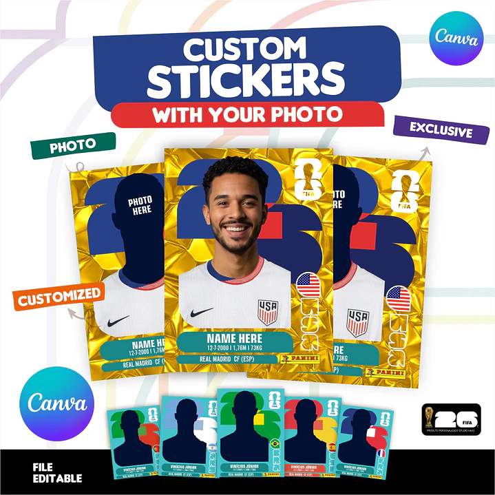 Figurinha da Copa do Mundo 2026 Estados Unidos Personalizada United States USA GOLD Crumple Stickers - Editável no Canva 1