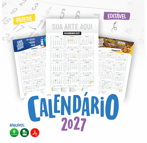 Calendário de Parede 2027 Editável PNG PDF para Imprimir