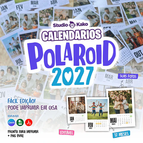 Calendário Polaroid 2027 Editável Canva PDF PNG
