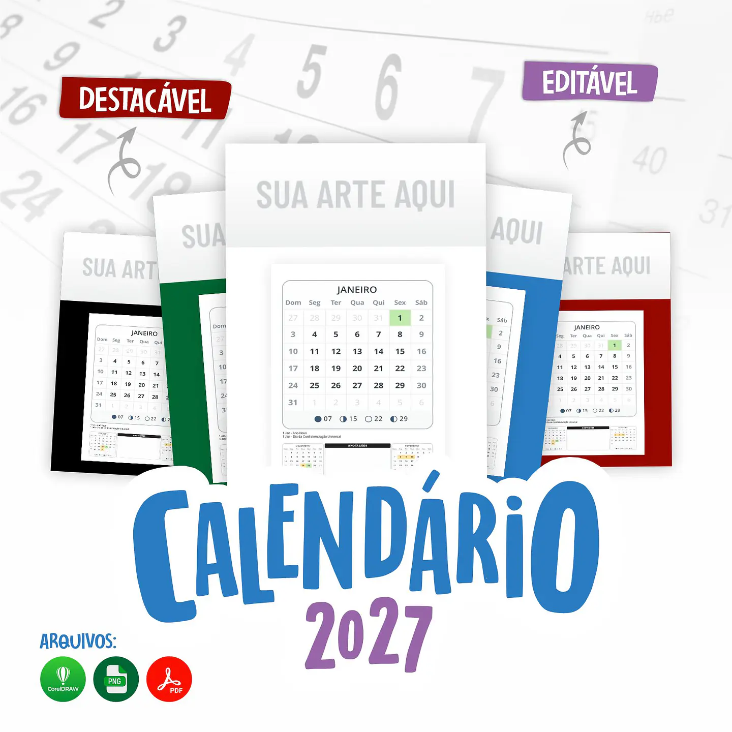 Calendário Destacável 2027 Editável PDF para Imprimir 1