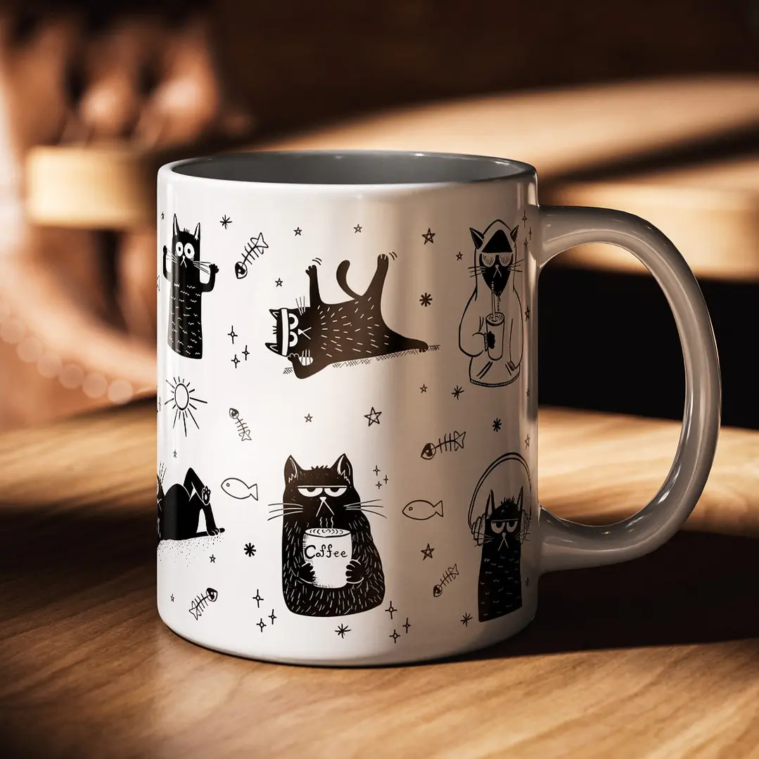 Arte Caneca Gatinhos Pretos Arquivo em Png 2